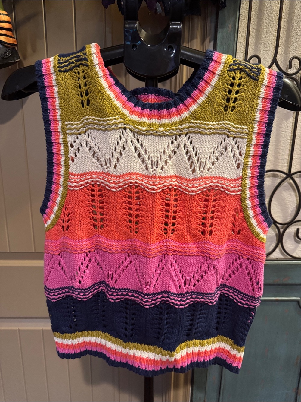 Multicolor Knit Sleeveless Sweater Vest - Pink, Coral & Navy